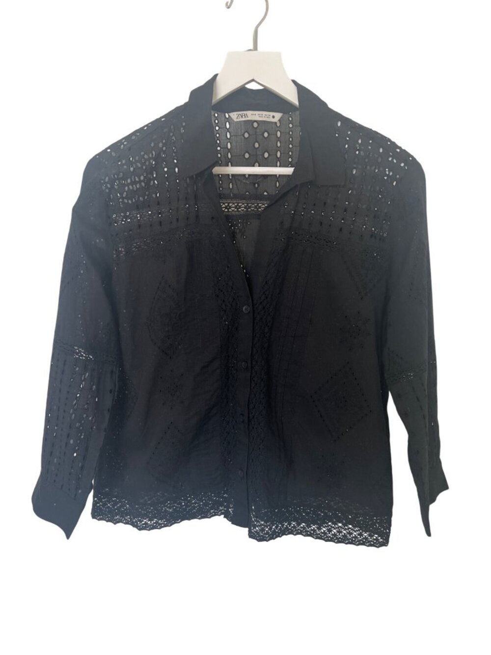 Zara Black Embroidered Eyelet Cotton Button-Up Shirt